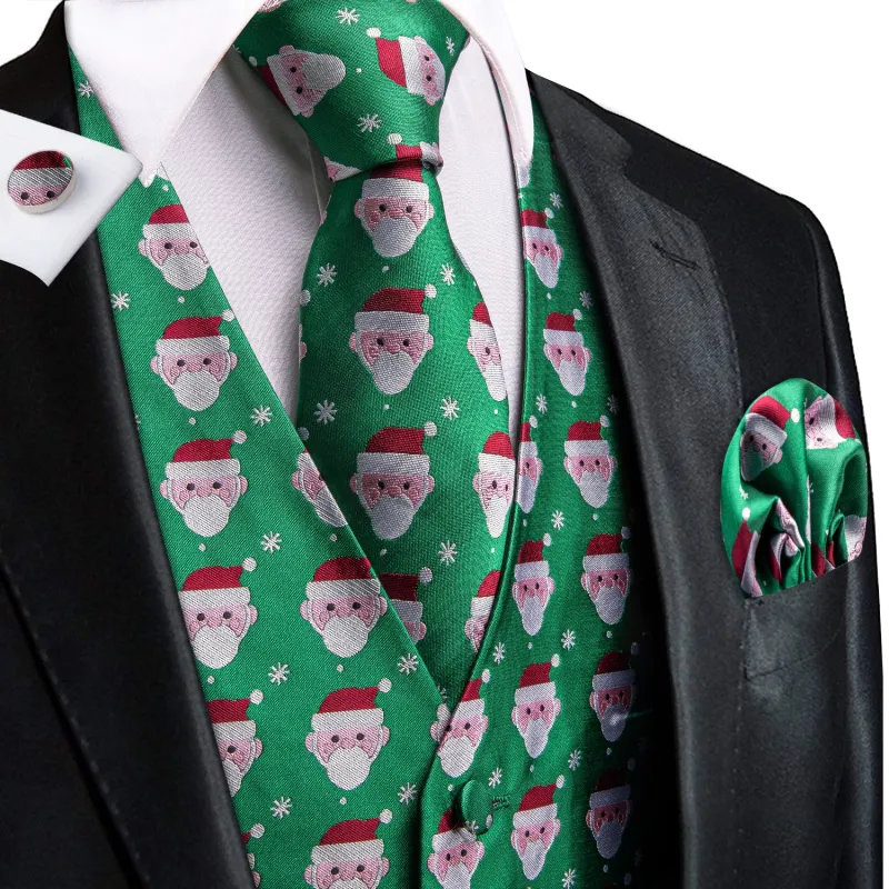 Green White Christmas Santa Claus Novelty Jacquard Silk Men's Vest Hanky Cufflinks Tie Set sold by Ties2You