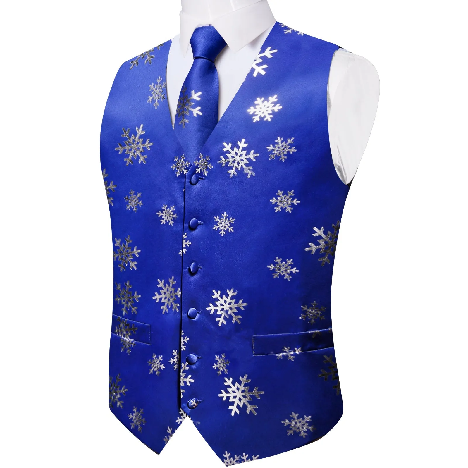 Ties2you Mens Christmas Vest Blue Silver Snowflake Novelty Vest Tie Hanky Cufflinks Set Waistcoat Suit Set sold by Ties2You product image thumbnail 3