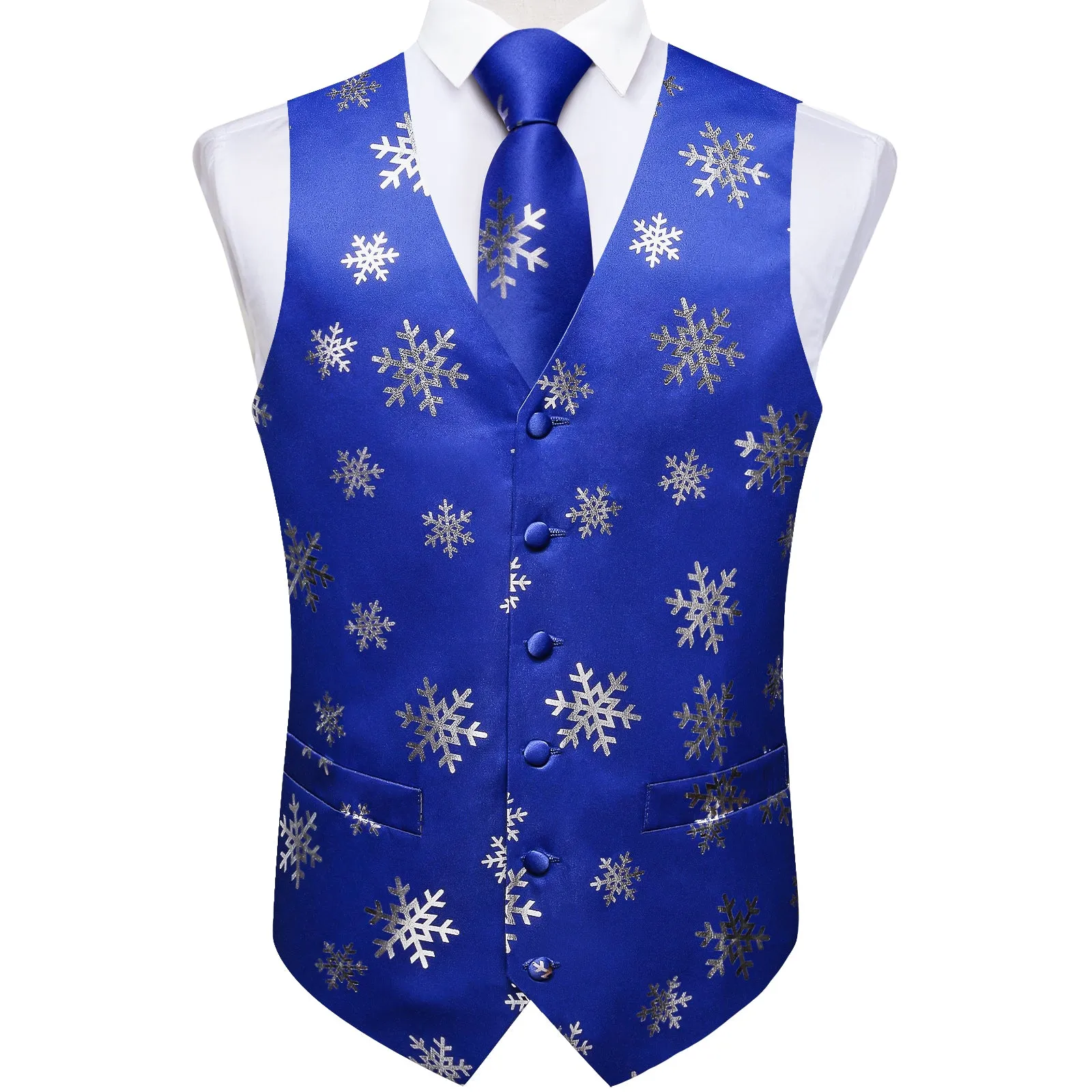 Ties2you Mens Christmas Vest Blue Silver Snowflake Novelty Vest Tie Hanky Cufflinks Set Waistcoat Suit Set sold by Ties2You