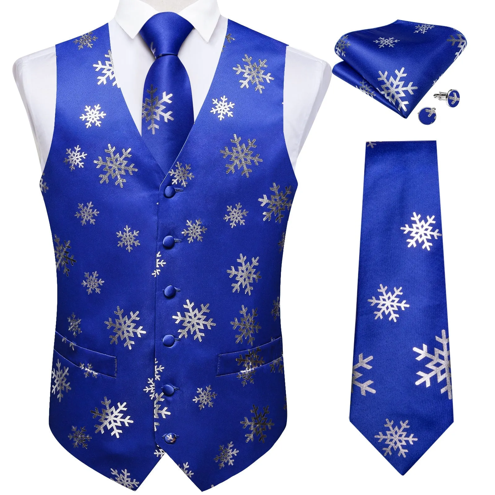 Ties2you Mens Christmas Vest Blue Silver Snowflake Novelty Vest Tie Hanky Cufflinks Set Waistcoat Suit Set sold by Ties2You product image thumbnail 2