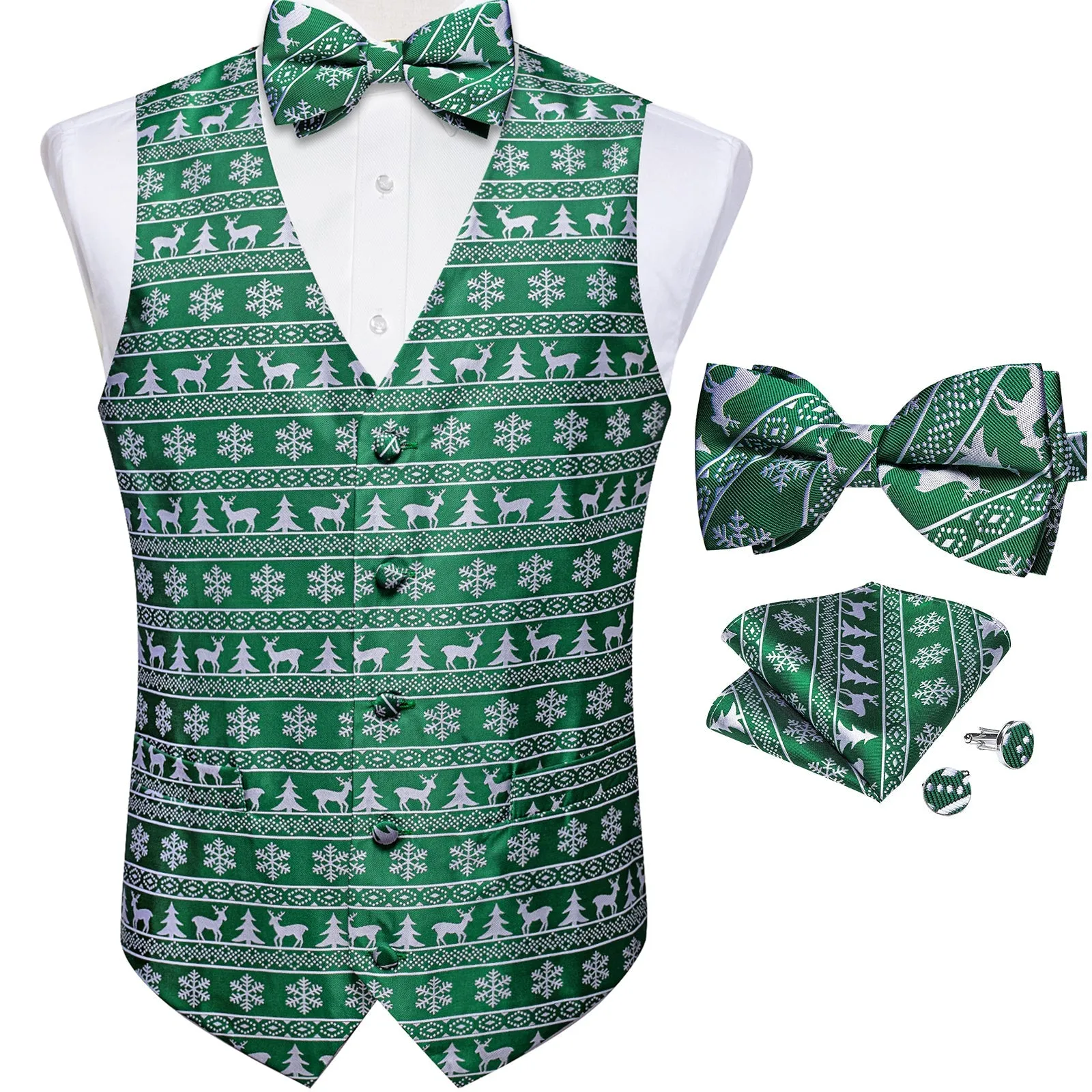 Ties2you Green Vest Novelty Christmas White Deer Men's Vest with Bow Tie Set sold by Ties2You product image thumbnail 2