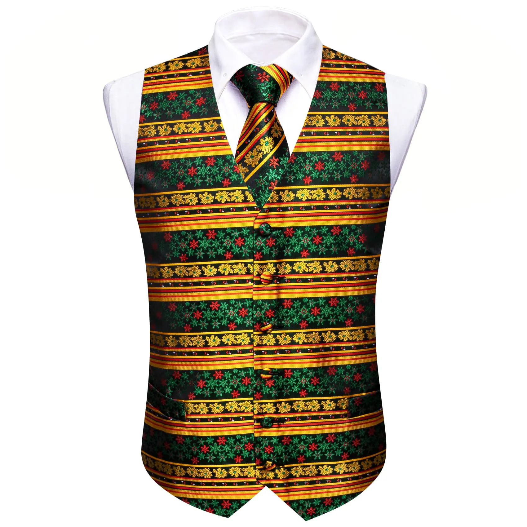 Ties2you Christmas Vest Yellow Green Snowflake Novelty Silk Men's Vest Tie Set sold by Ties2You product image thumbnail 3