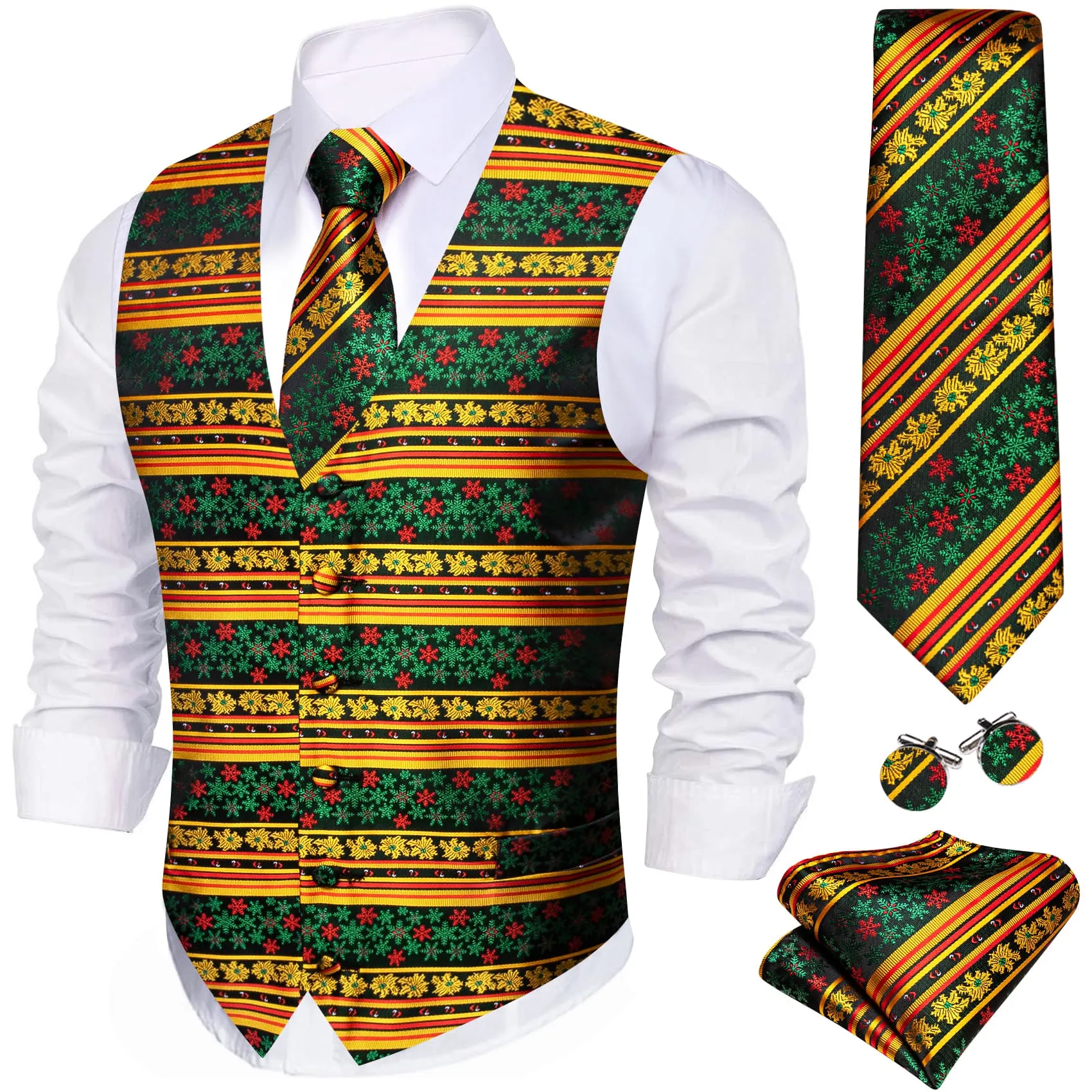 Ties2you Christmas Vest Yellow Green Snowflake Novelty Silk Men's Vest Tie Set sold by Ties2You product image thumbnail 2