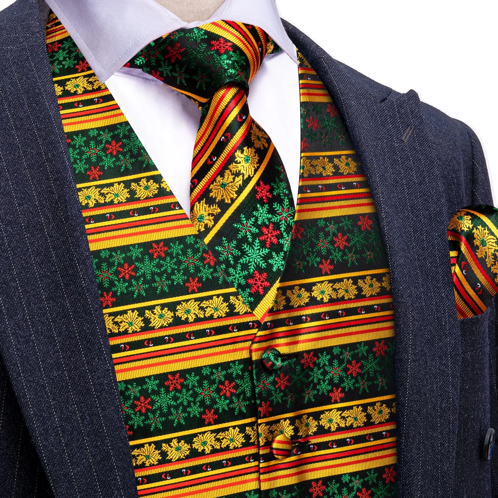 Ties2you Christmas Vest Yellow Green Snowflake Novelty Silk Men's Vest Tie Set sold by Ties2You