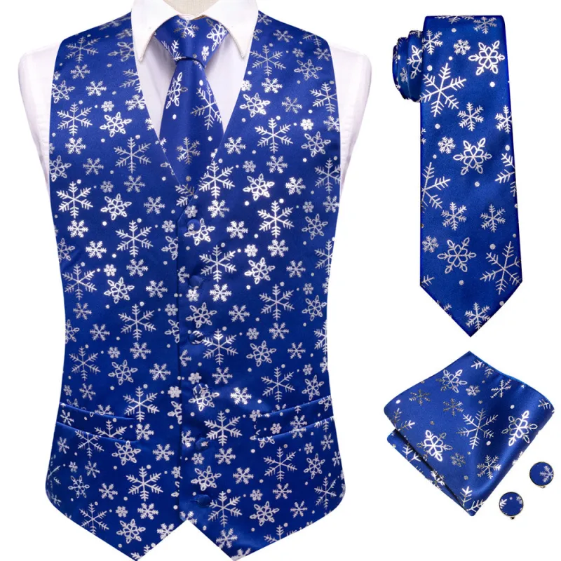 Ties2you Mens Silk Waistcoat Blue Silver Snow Christmas Vest Necktie Set sold by Ties2You