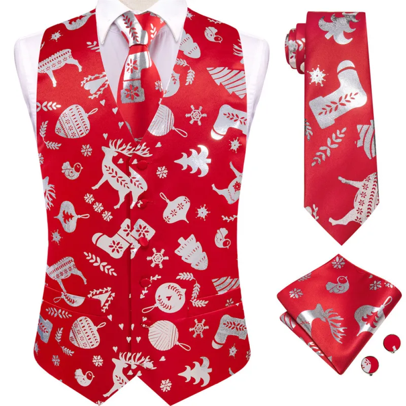 Ties2you Mens Silk Waistcoat Red Silver Christmas Elements Vest Necktie Set sold by Ties2You