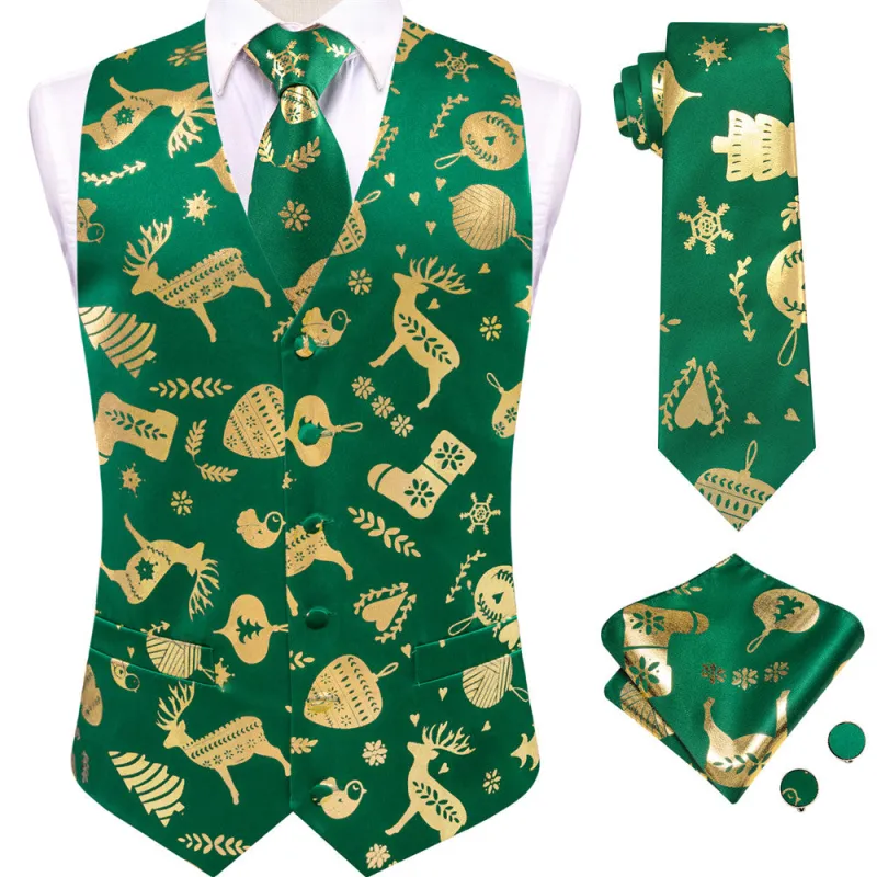 Ties2you Mens Green Gold Christmas Elements Silk Vest Necktie Set sold by Ties2You