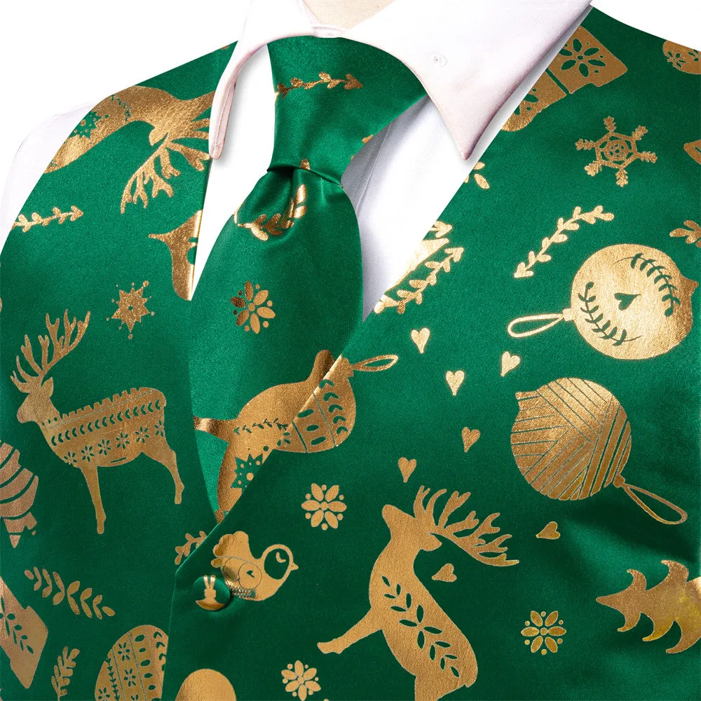 Ties2you Mens Green Gold Christmas Elements Silk Vest Necktie Set sold by Ties2You product image thumbnail 3