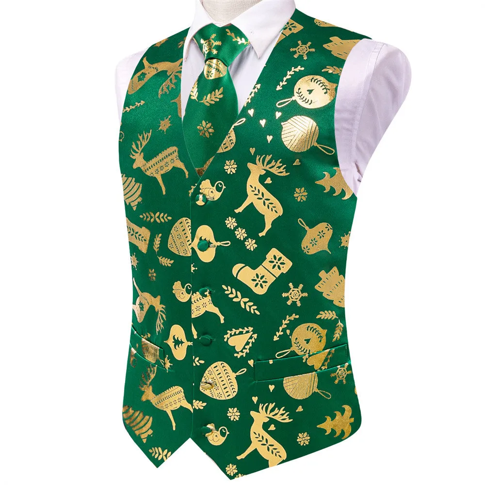 Ties2you Mens Green Gold Christmas Elements Silk Vest Necktie Set sold by Ties2You product image thumbnail 5