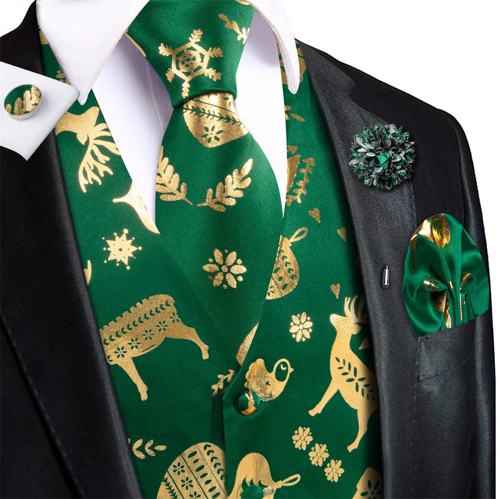 Ties2you Mens Green Gold Christmas Elements Silk Vest Necktie Set sold by Ties2You product image thumbnail 2