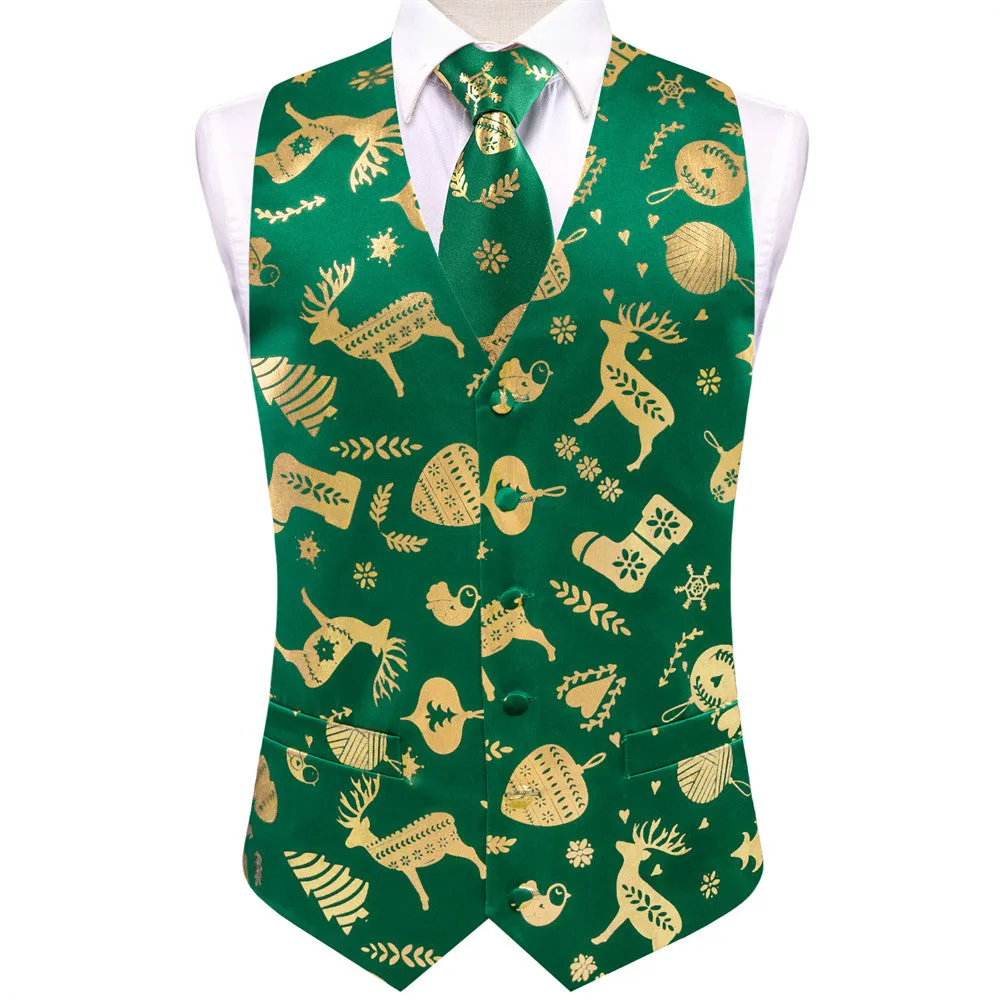 Ties2you Mens Green Gold Christmas Elements Silk Vest Necktie Set sold by Ties2You product image thumbnail 4