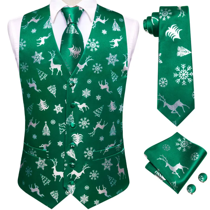 Ties2you Mens Green Silver Christmas Elements Silk Vest Necktie Set sold by Ties2You