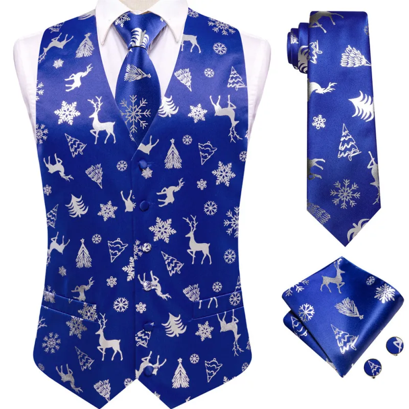 Ties2you Mens Silk Waistcoat Blue Silver Christmas Elements Vest Necktie Set sold by Ties2You