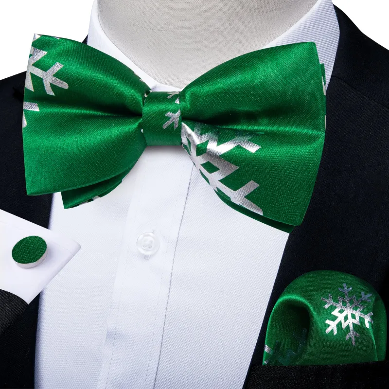 Green Sliver Christmas SnowFlacke Novelty Pre-tied Bow Tie Hanky Cufflinks Set sold by Ties2You