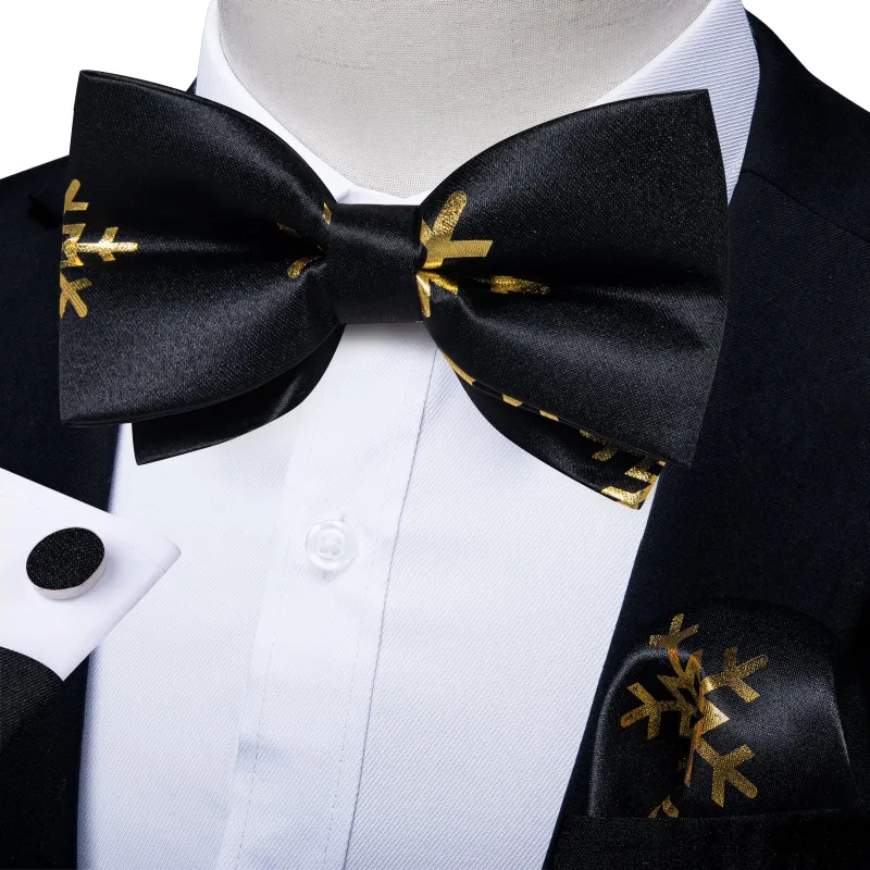 Black Golden Christmas SnowFlacke Novelty Pre-tied Bow Tie Hanky Cufflinks Set sold by Ties2You
