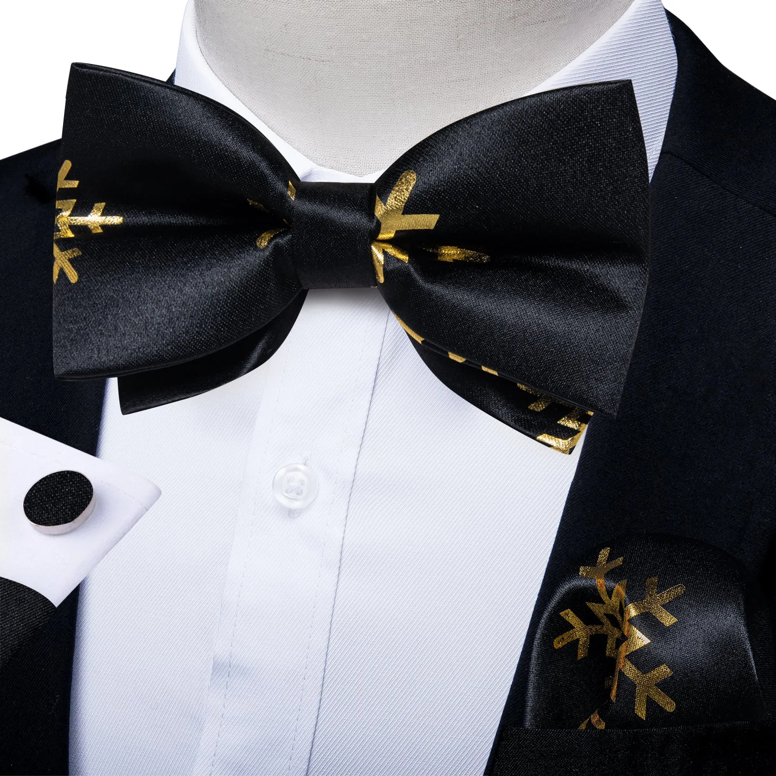 Black Golden Christmas SnowFlacke Novelty Pre-tied Bow Tie Hanky Cufflinks Set sold by Ties2You