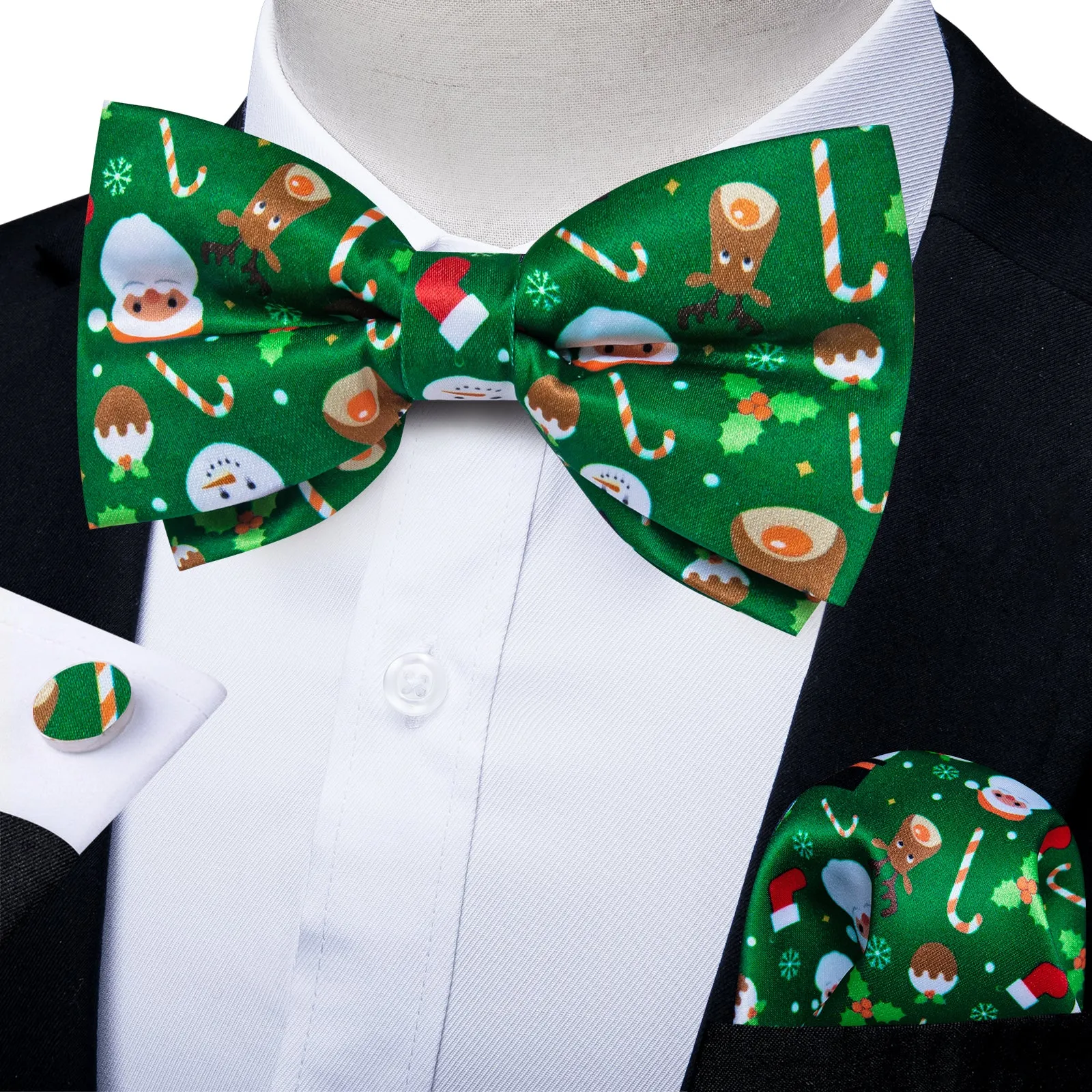 Green White Christmas Santa Claus Novelty Pre-tied Bow Tie Hanky Cufflinks Set sold by Ties2You