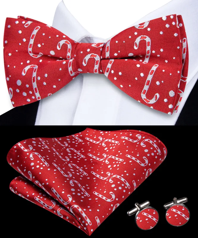 Red Christmas White Candy Cane Novelty Pre-tied Bowtie Pocket Square Cufflinks Set sold by Ties2You