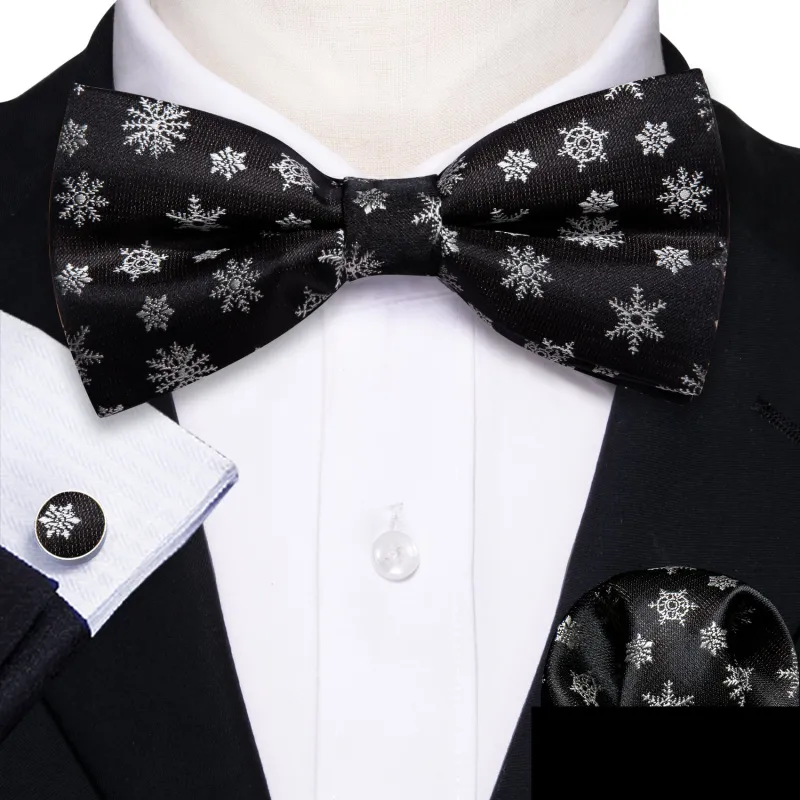 Christmas Black Snowflake Floral Men's Pre-tied Bowtie Pocket Square Cufflinks Set sold by Ties2You
