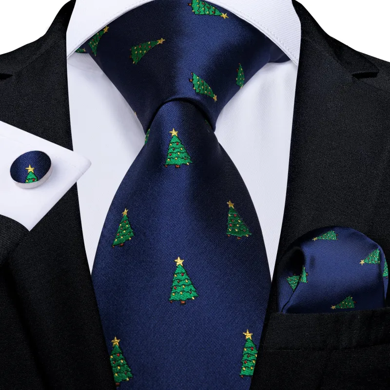 Christmas Deep Blue Xmas Tree Novelty Men's Necktie Pocket Square Cufflinks Set sold by Ties 2 You