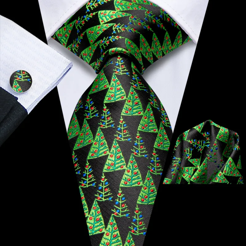 Black Green Christmas Tree Novelty Men's Tie Handkerchief Cufflinks Set sold by Ties2You
