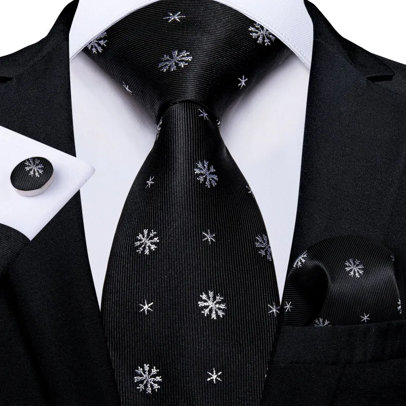 Christmas Black White Snowflake Floral Silk Men's Necktie Hanky Cufflinks Set sold by Ties2You