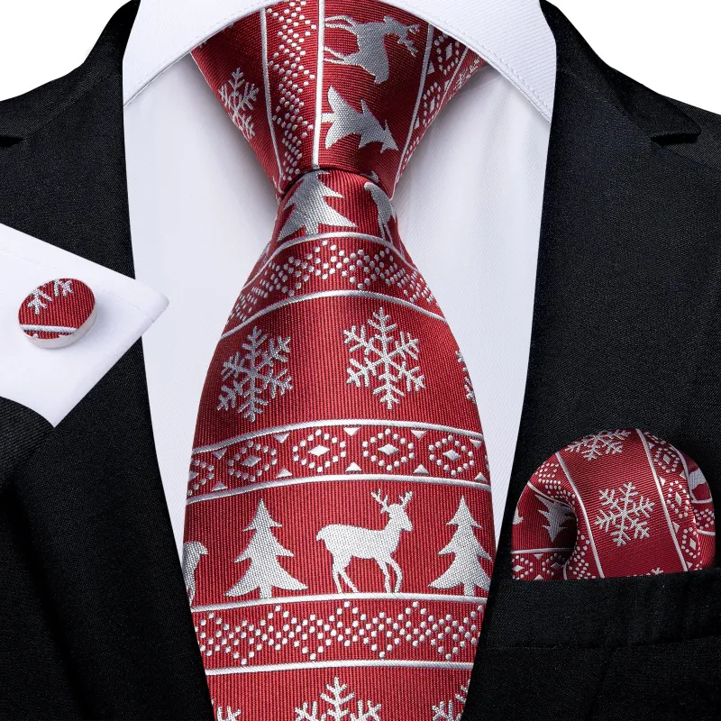 Christmas Red Deer Snowflake Pattern Novelty Men's Necktie Hanky Cufflinks Set sold by Ties2You