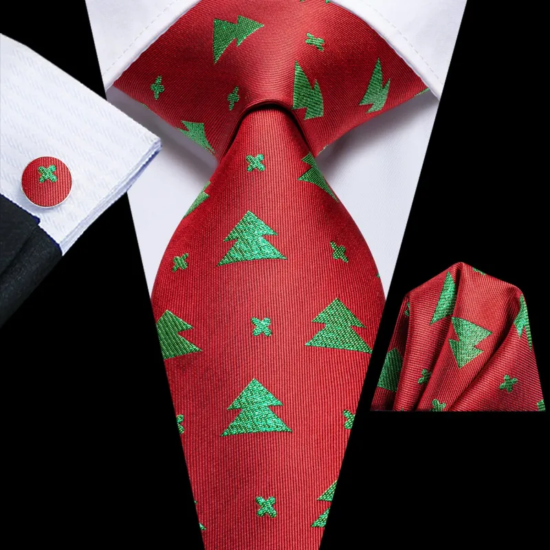 Christmas Red Green Xmas Tree Pattern Novelty Men's Necktie Hanky Cufflinks Set made by Ties2You