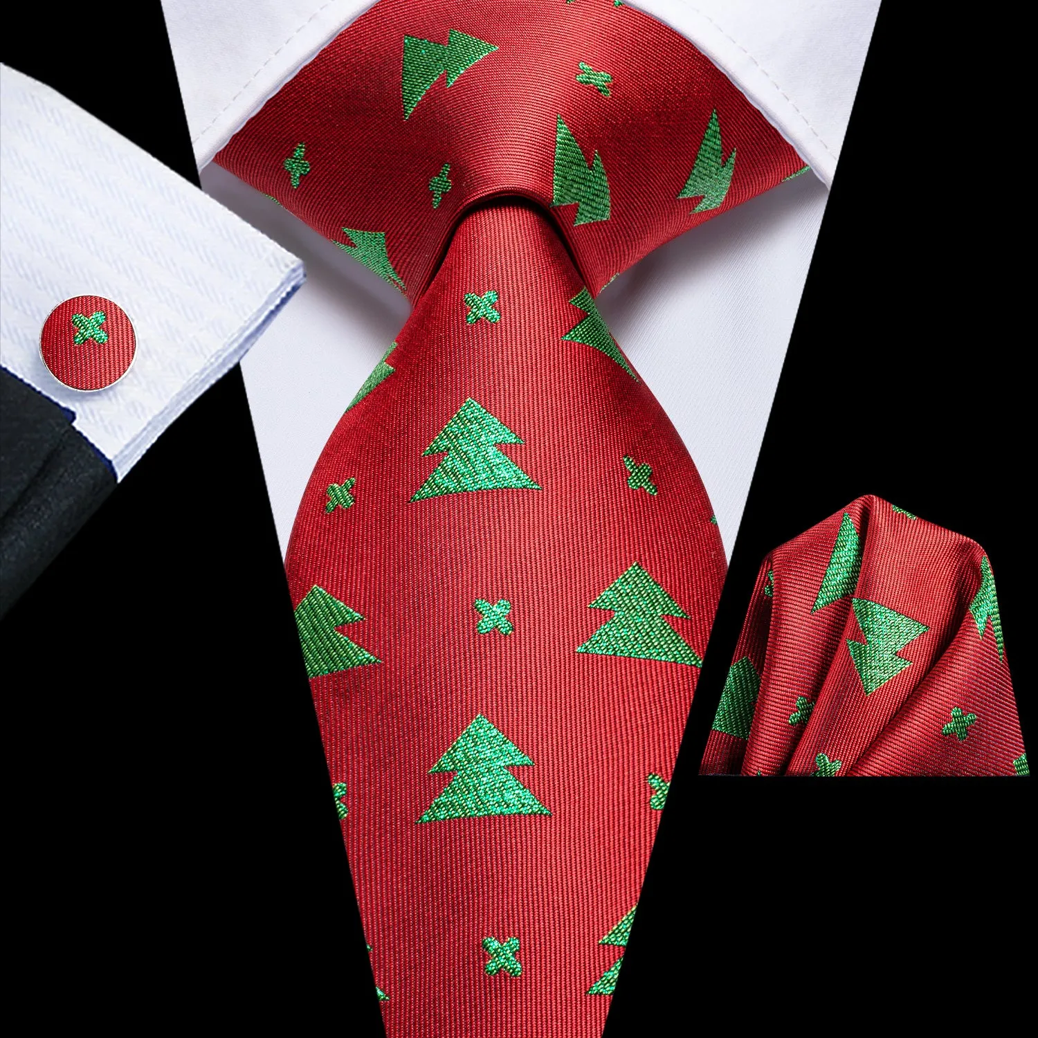 Christmas Red Green Xmas Tree Pattern Novelty Men's Necktie Hanky Cufflinks Set sold by Ties2You