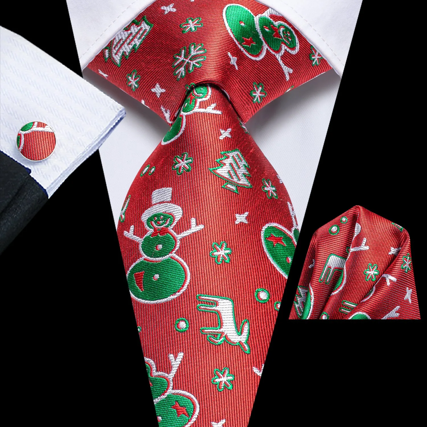 Christmas Red Green Snowman Pattern Novelty Men's Necktie Hanky Cufflinks Set sold by Ties2You