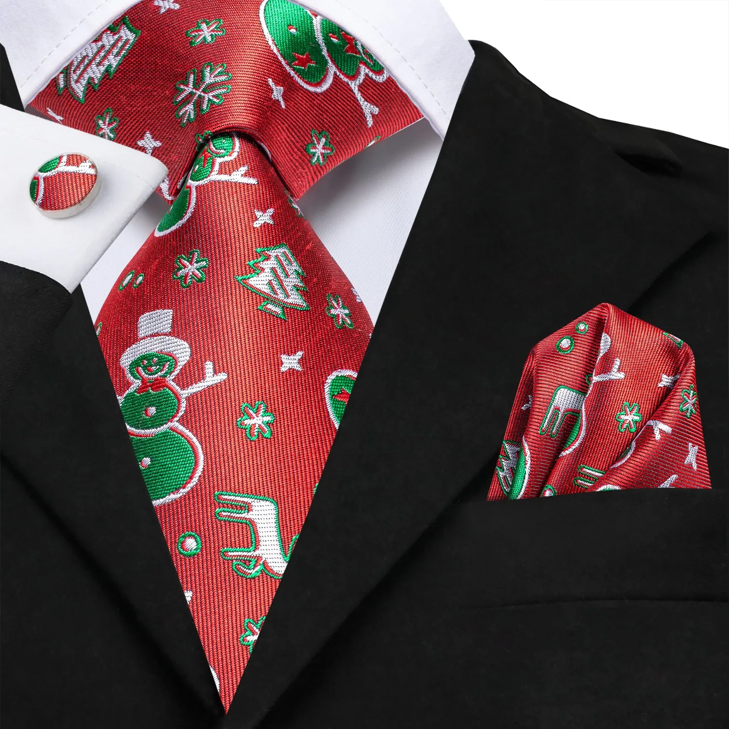 Christmas Red Green Snowman Pattern Novelty Men's Necktie Hanky Cufflinks Set sold by Ties2You product image thumbnail 2