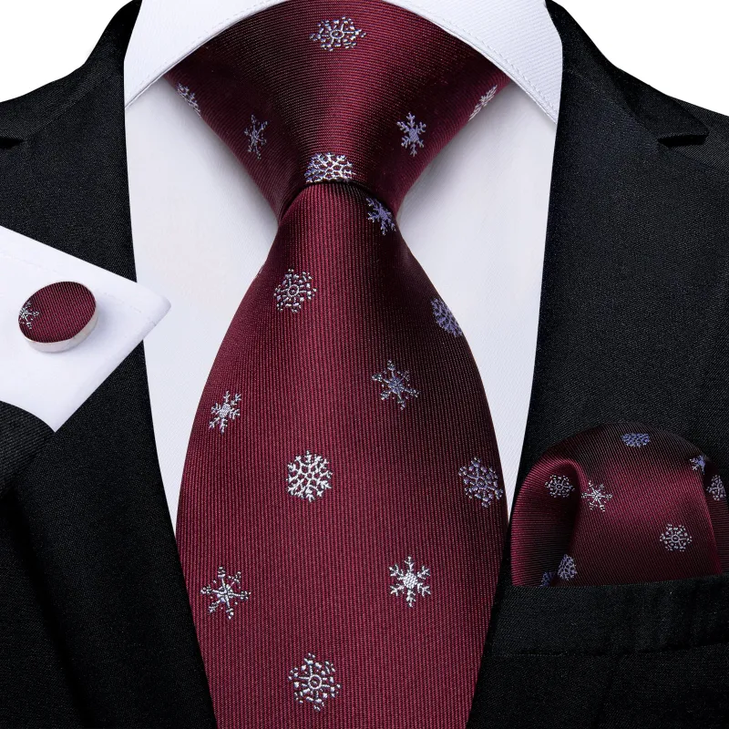 Christmas Burgundy Red Snowflake Pattern Novelty Mens Necktie Hanky Cufflinks Set sold by Ties2You