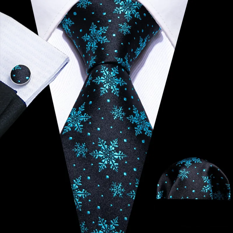 Christmas Black Lake Blue Snowflake Pattern Novelty Mens Necktie Hanky Cufflinks Set sold by Ties2You