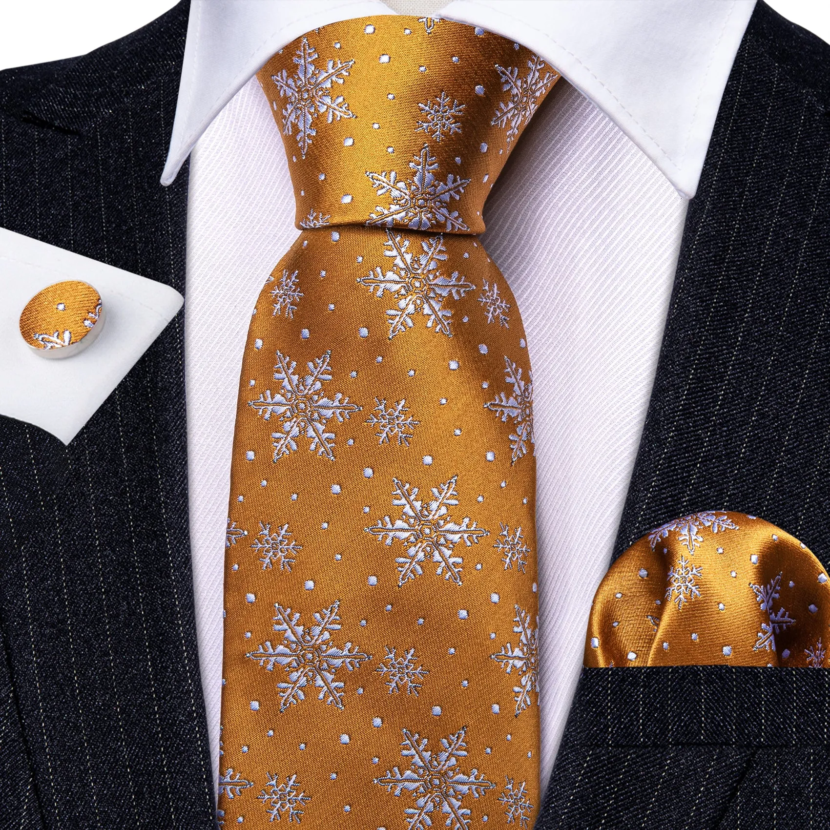 Christmas Golden Snowflake Pattern Novelty Mens Necktie Hanky Cufflinks Set sold by Ties2You product image thumbnail 3