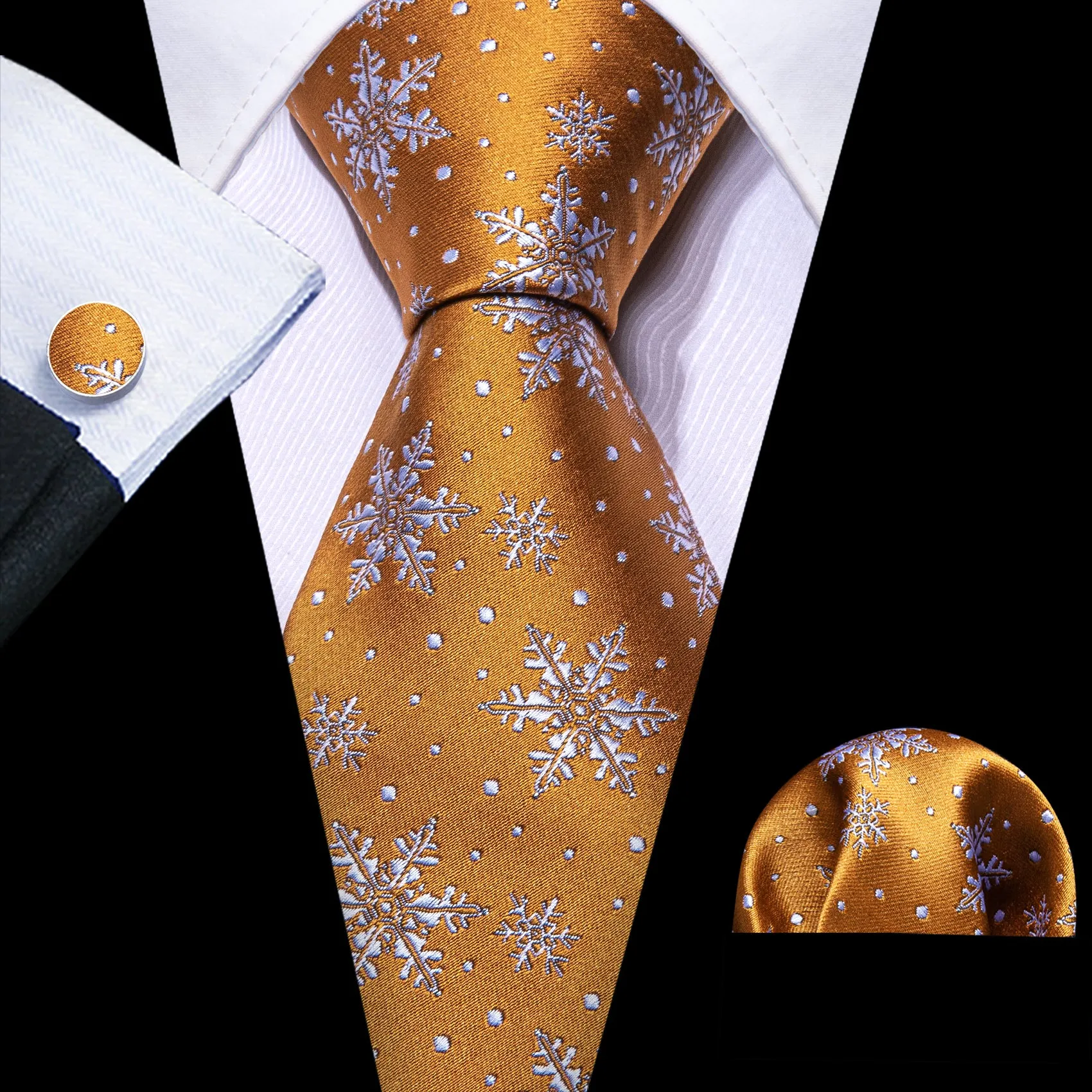 Christmas Golden Snowflake Pattern Novelty Mens Necktie Hanky Cufflinks Set sold by Ties2You