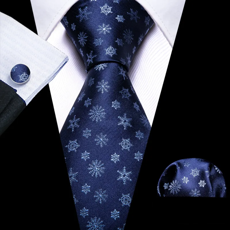 Christmas Dark Blue Snowflake Pattern Novelty Mens Necktie Hanky Cufflinks Set sold by Ties2You