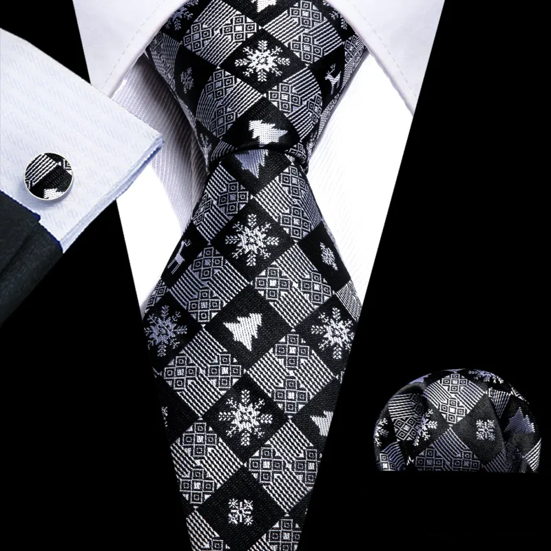 Christmas Black Snow Xmas Tree Plaid Men's Tie Set Tie Pocket Square Cufflinks Set sold by Ties2You