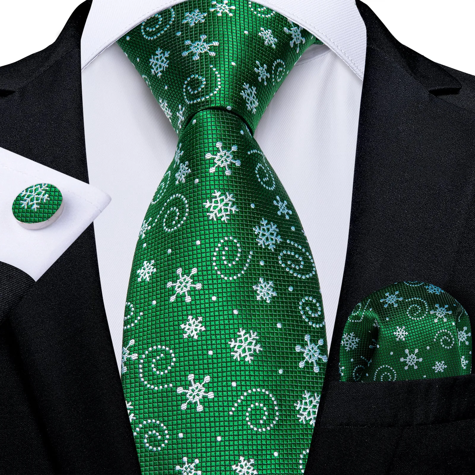 Christmas Green Snow Novelty Silk Men's Necktie Pocket Square Cufflinks Set sold by Ties2You