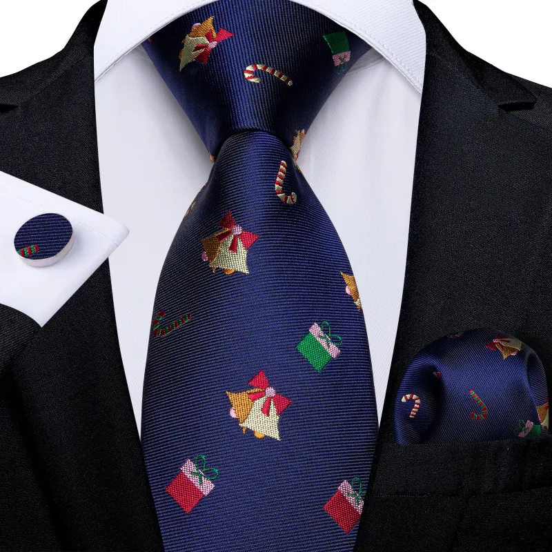 Christmas Dark Blue Xmas Gift Novelty Silk Men's Necktie Pocket Square Cufflinks Set made by Ties2You