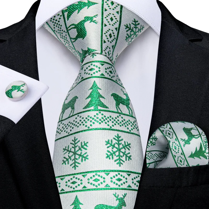 Christmas White Green Xmas Style Novelty Silk Men's Necktie Pocket Square Cufflinks Set made by Ties2You