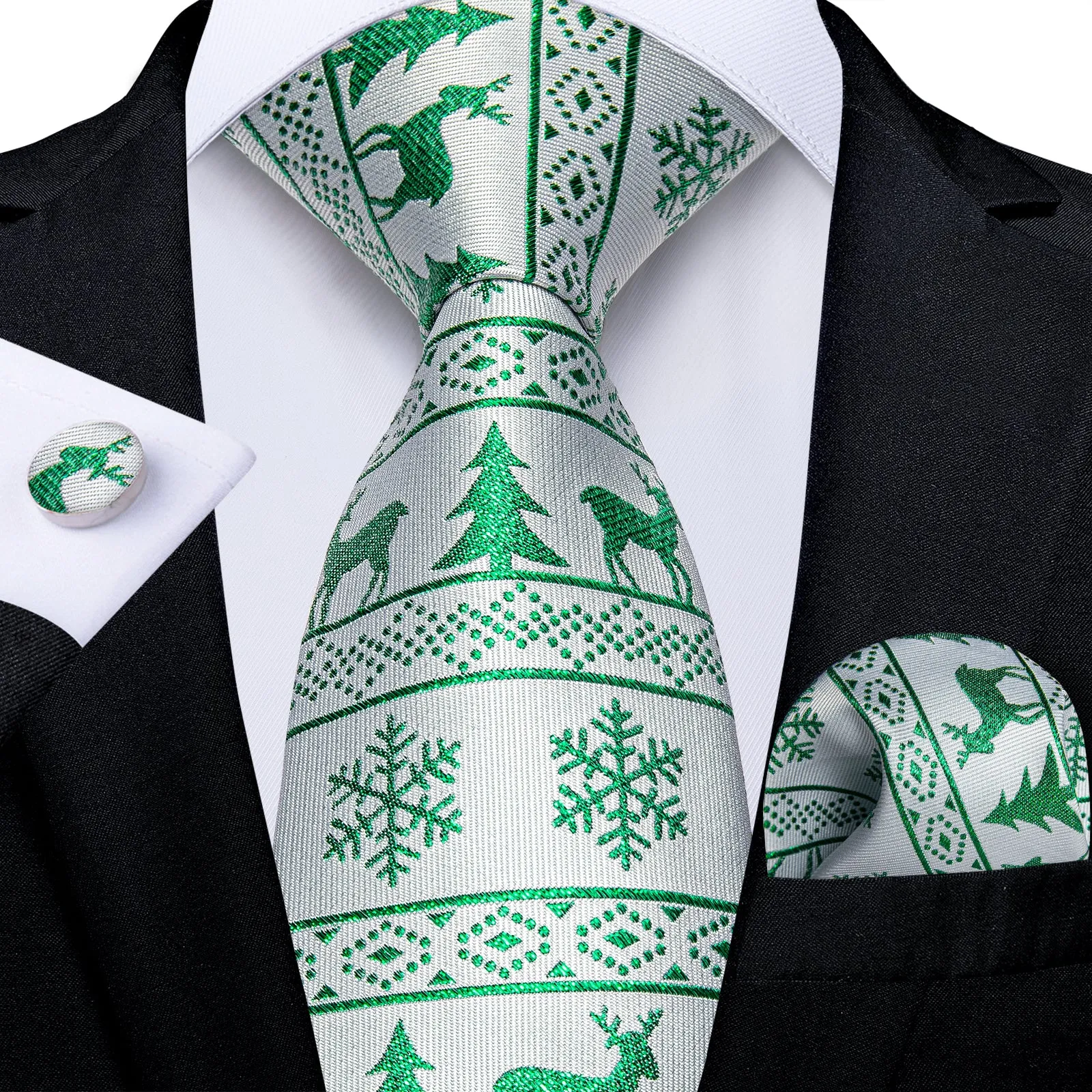 Christmas White Green Xmas Style Novelty Silk Men's Necktie Pocket Square Cufflinks Set sold by Ties2You