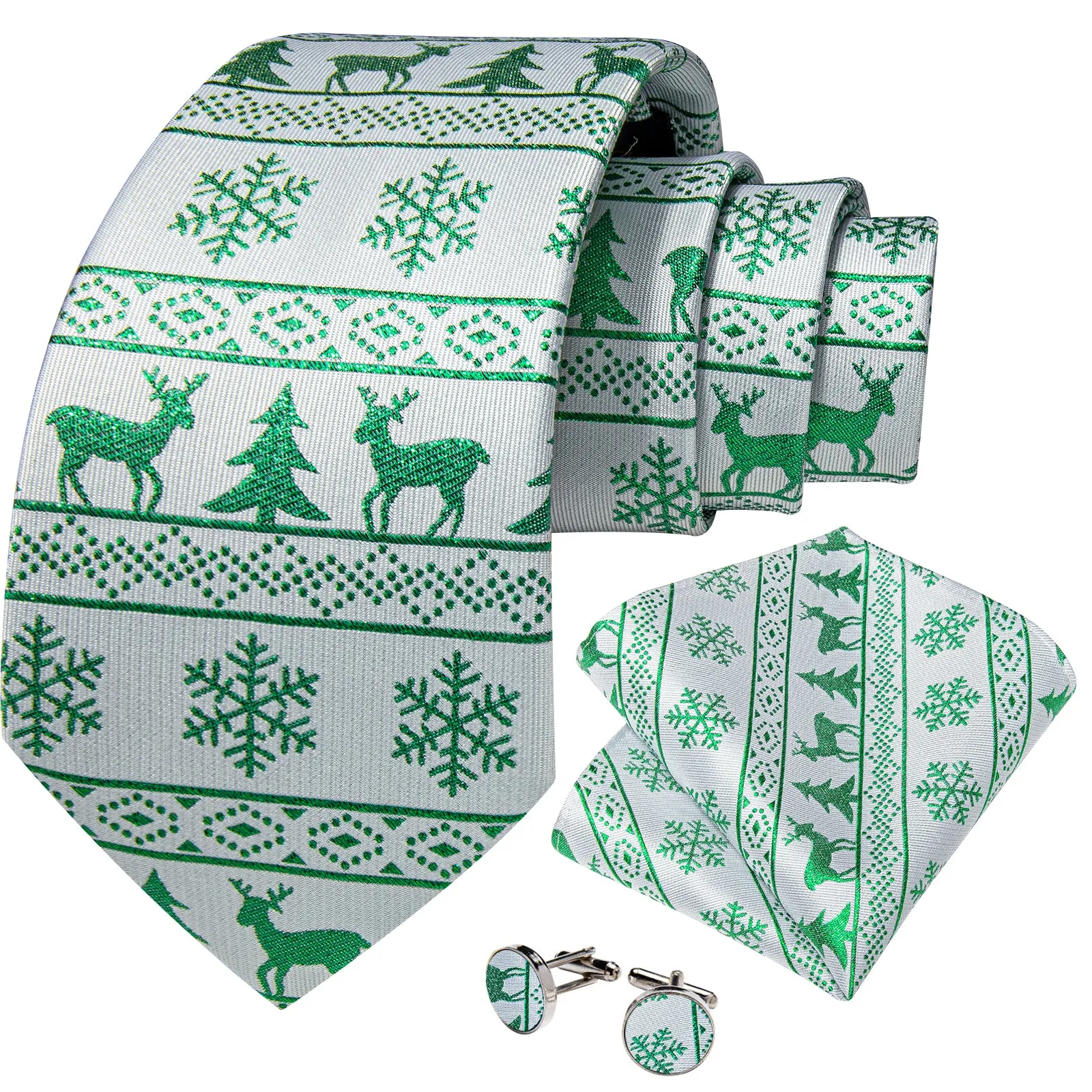 Christmas White Green Xmas Style Novelty Silk Men's Necktie Pocket Square Cufflinks Set sold by Ties2You product image thumbnail 2