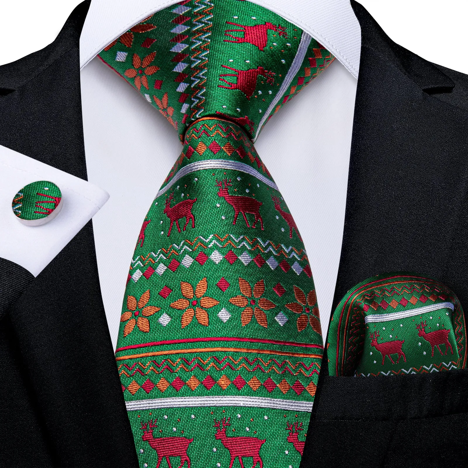 Christmas Green Xmas Style Novelty Silk Men's Necktie Pocket Square Cufflinks Set sold by Ties2You