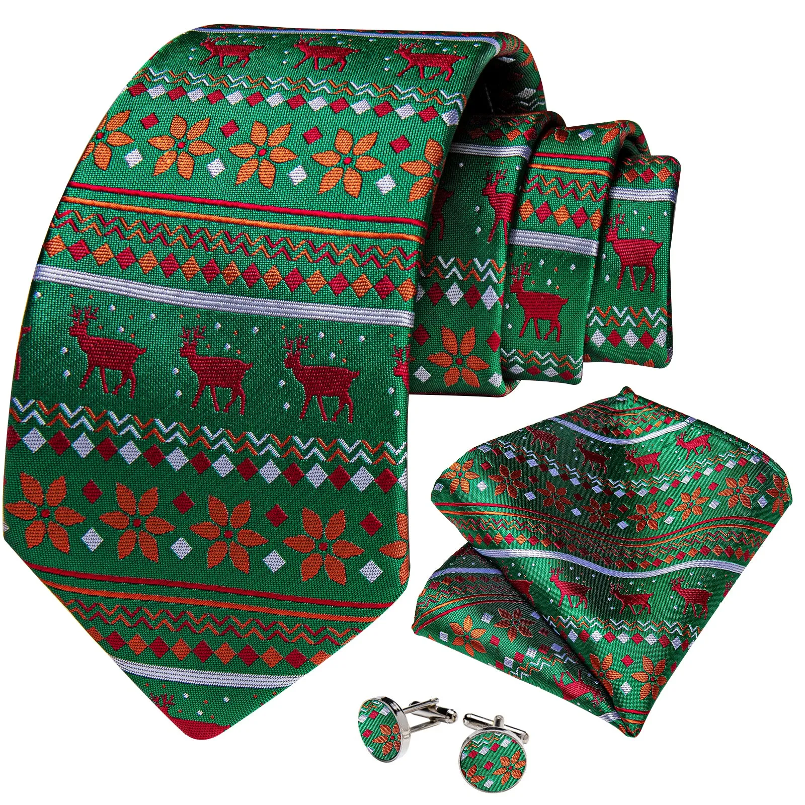 Christmas Green Xmas Style Novelty Silk Men's Necktie Pocket Square Cufflinks Set sold by Ties2You product image thumbnail 2