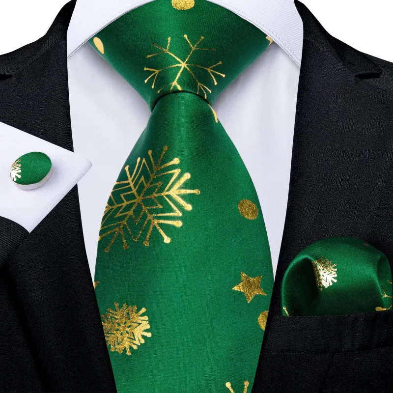 Christmas Green Golden Snow Star Novelty Men's Necktie Hanky Cufflinks Set sold by Ties2You