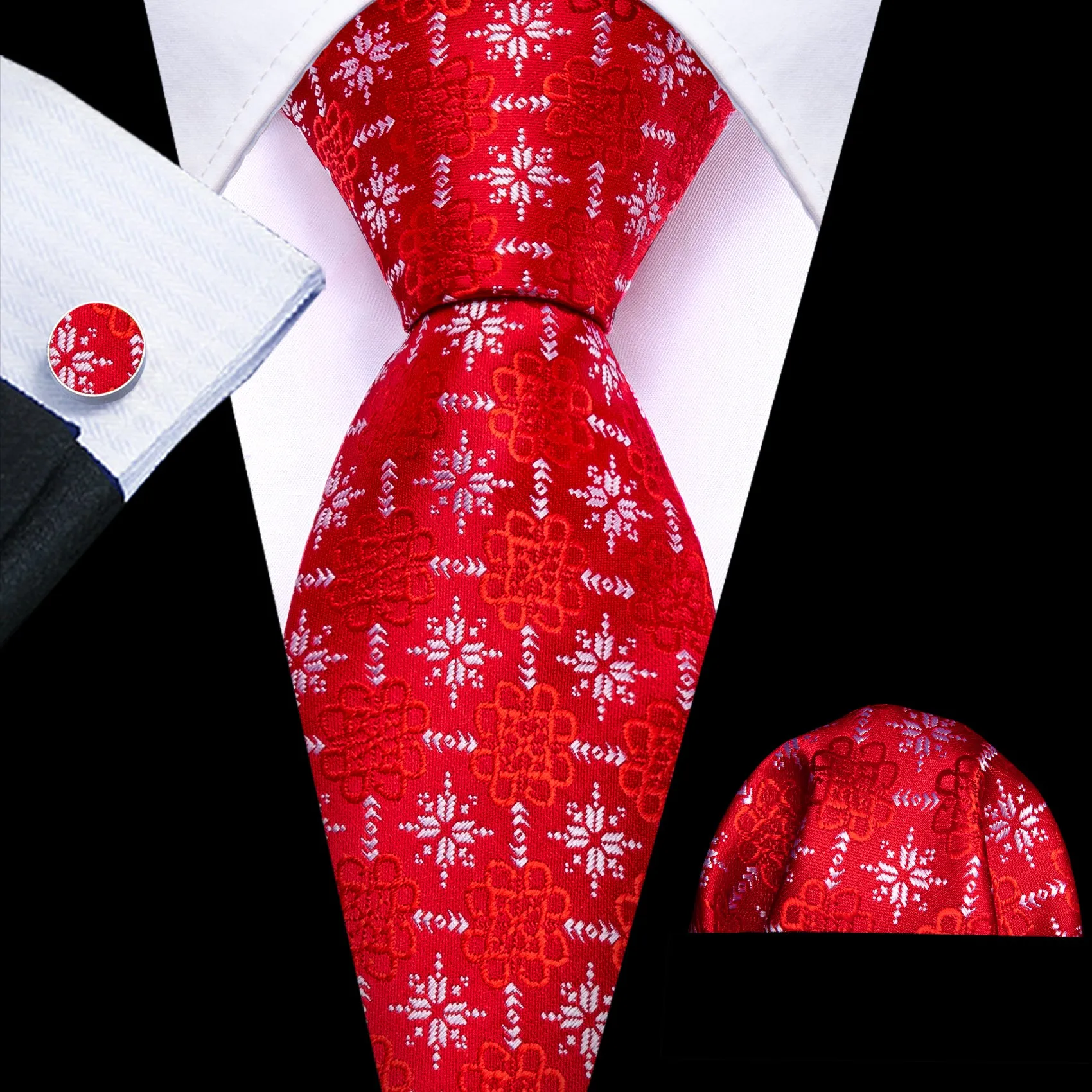 Christmas Red White Snow Floral Men's Tie Pocket Square Cufflinks Set sold by Ties2You