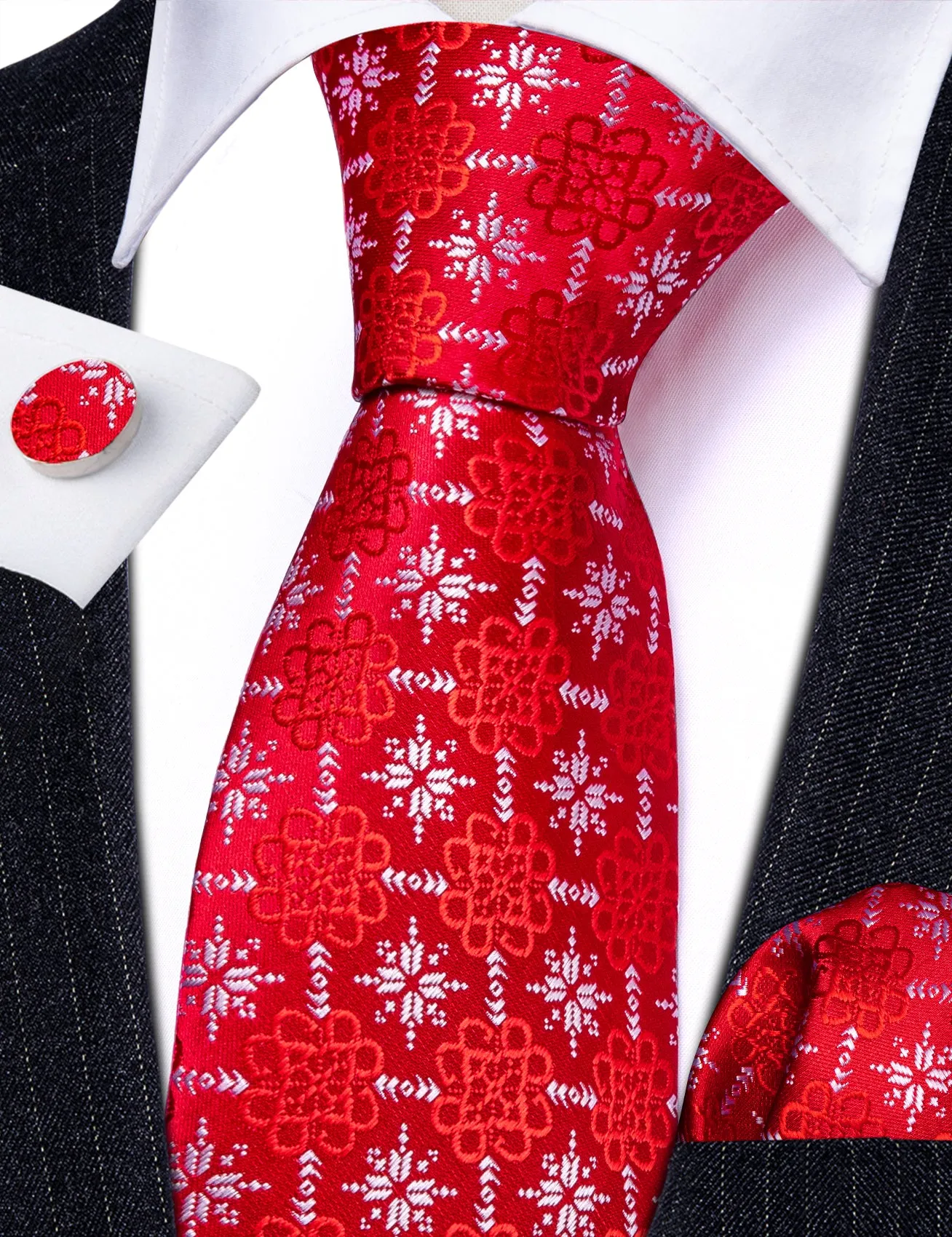 Christmas Red White Snow Floral Men's Tie Pocket Square Cufflinks Set sold by Ties2You product image thumbnail 4