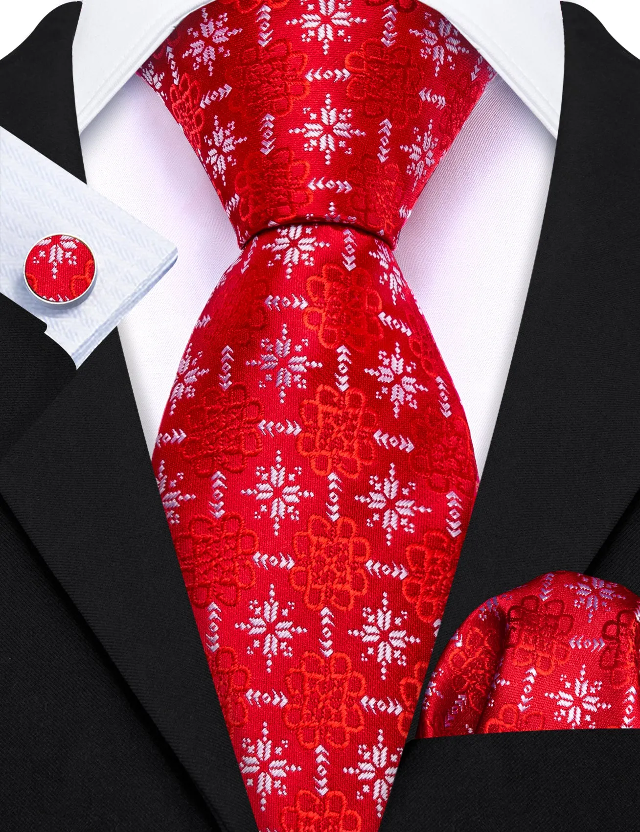 Christmas Red White Snow Floral Men's Tie Pocket Square Cufflinks Set sold by Ties2You product image thumbnail 3
