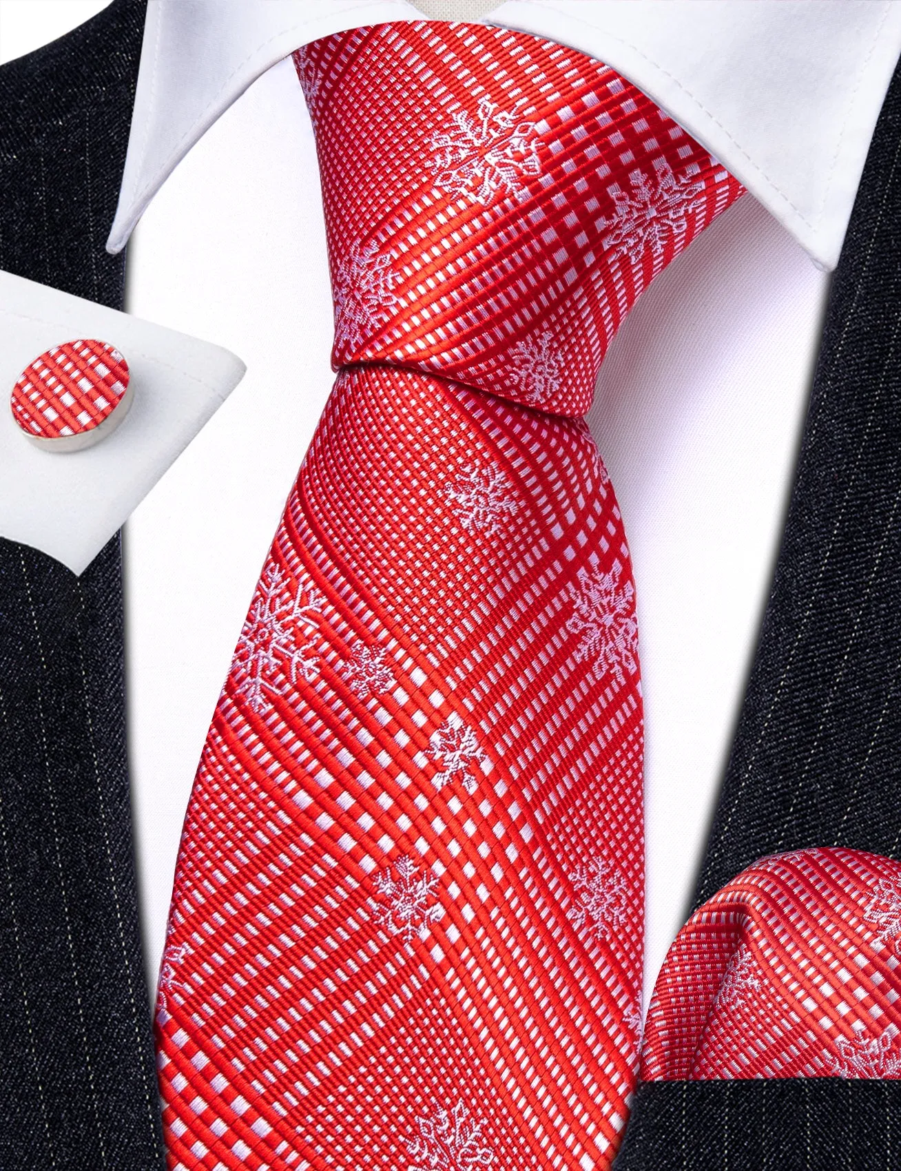 Christmas Red White Snow Plaid Men's Tie Pocket Square Cufflinks Set sold by Ties2You product image thumbnail 4