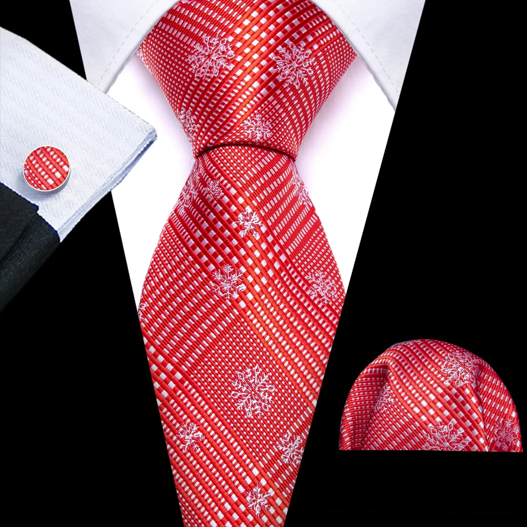Christmas Red White Snow Plaid Men's Tie Pocket Square Cufflinks Set sold by Ties2You